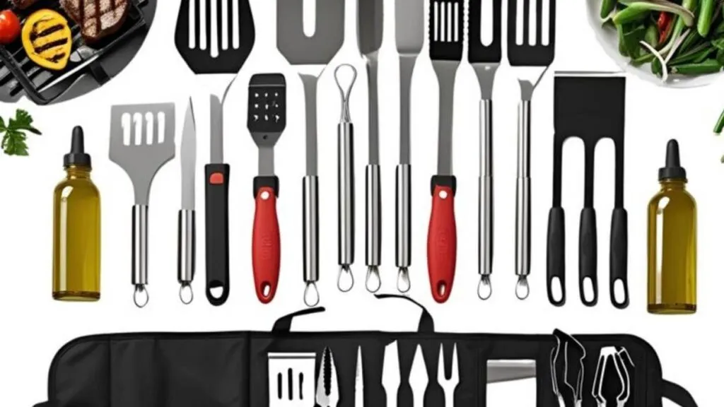 Barbecue tools set with spatulas, tongs, and knives.