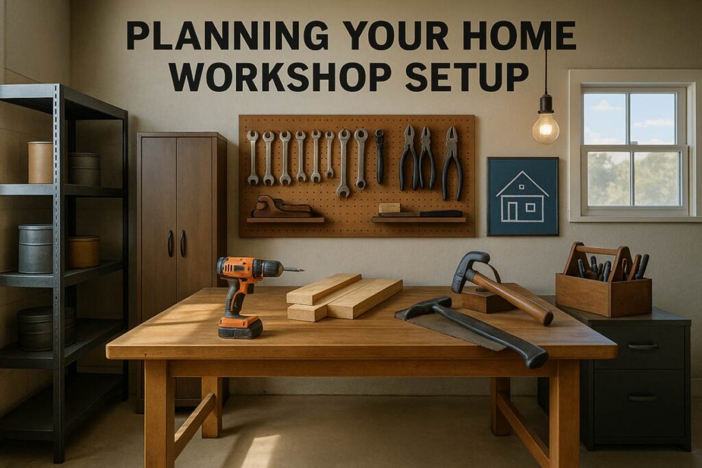 Home workshop with tools and equipment on table.