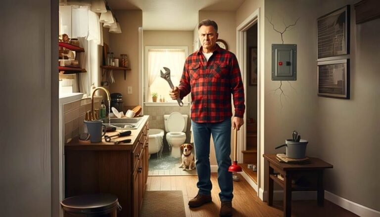 Man holding wrench and plunger in bathroom.