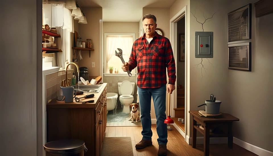 Man holding wrench and plunger in bathroom.