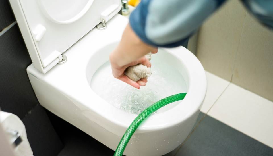 Cleaning toilet with hose and brush