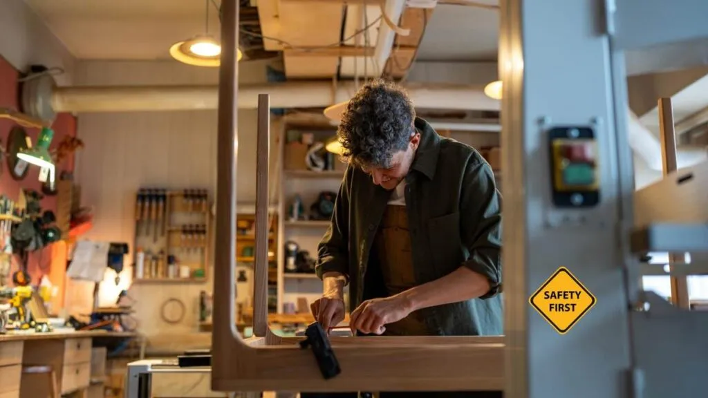 Craftsman working in woodshop with safety sign visible.