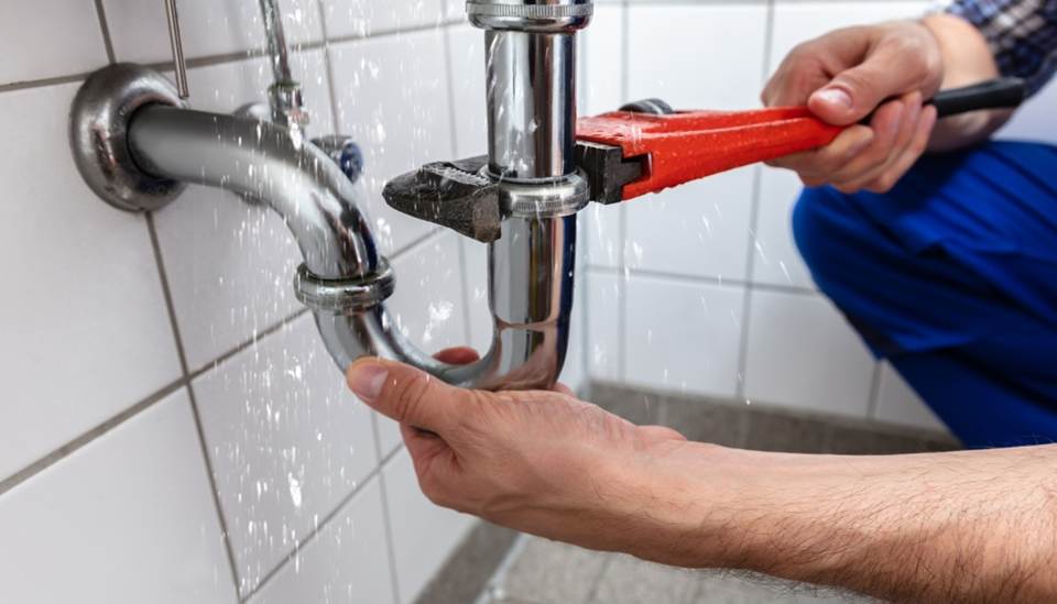 Plumber fixing leaking pipe under sink.