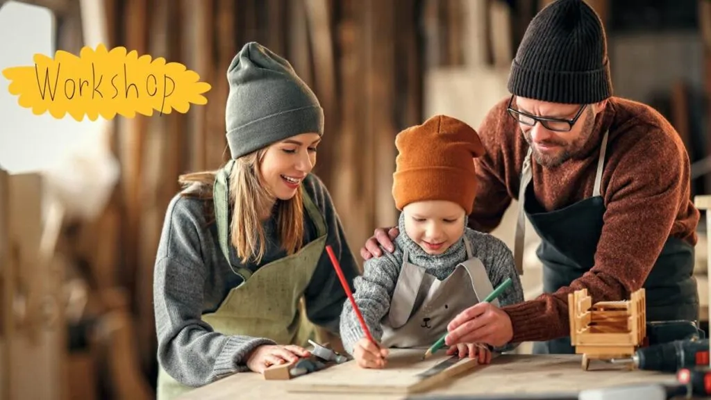 Family woodworking in cozy workshop setting.