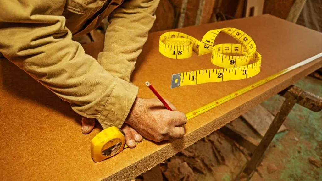 Carpenter measuring wood with tape measure and pencil.
