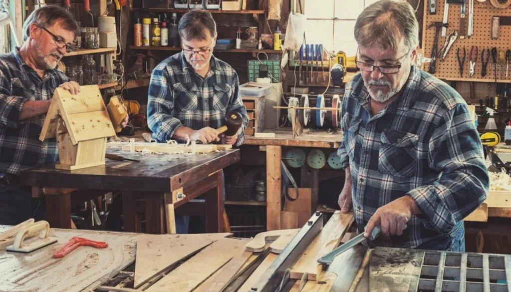 Three craftsmen woodworking in a cluttered workshop.