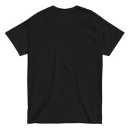 Black T-shirt, back view, plain design.