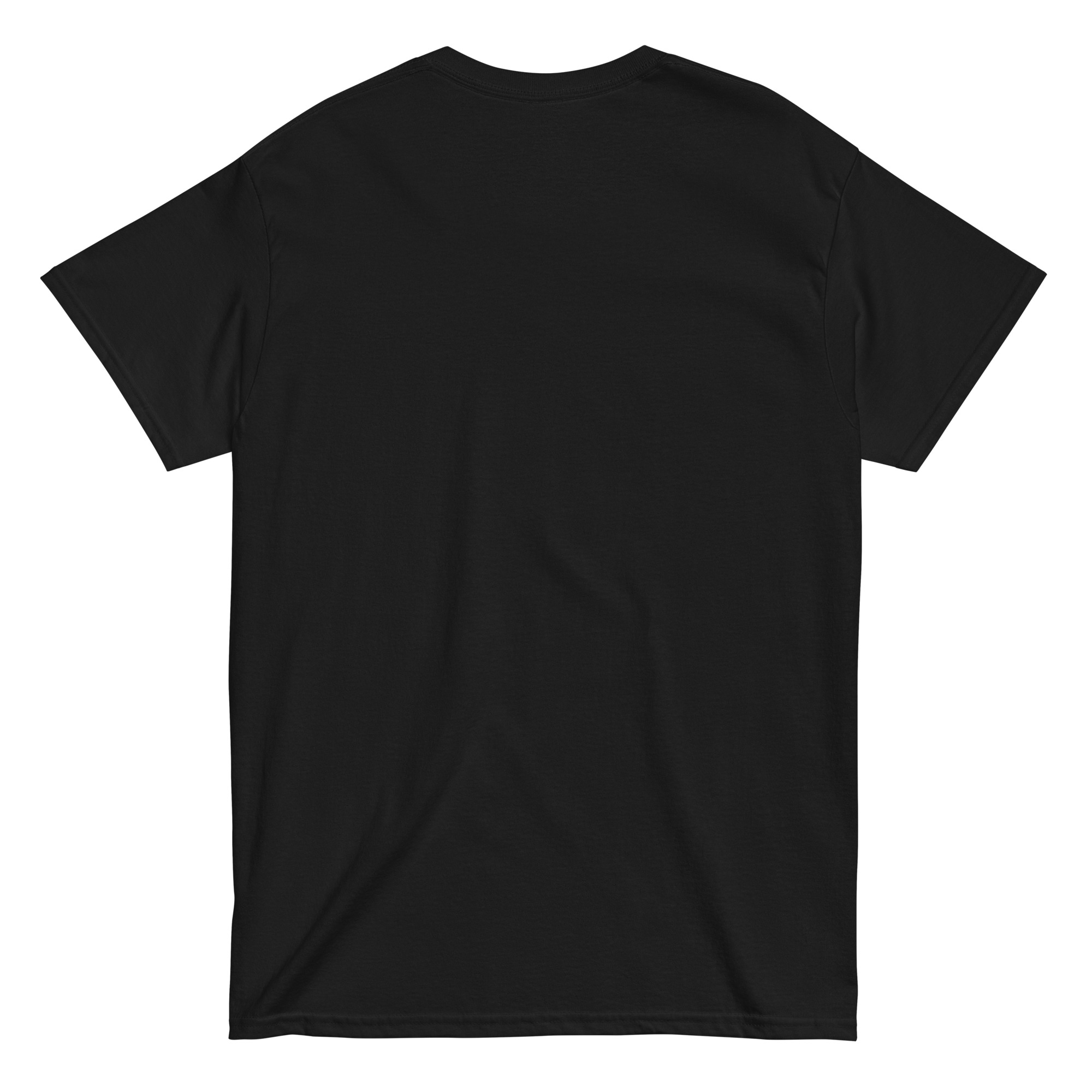 Black T-shirt, back view, plain design.