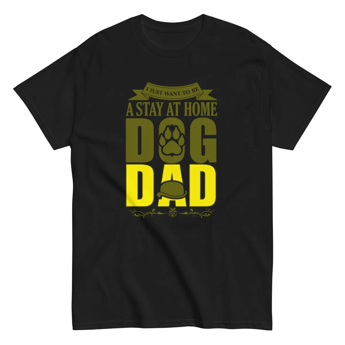 Black T-shirt with 'Stay at Home Dog Dad' print.