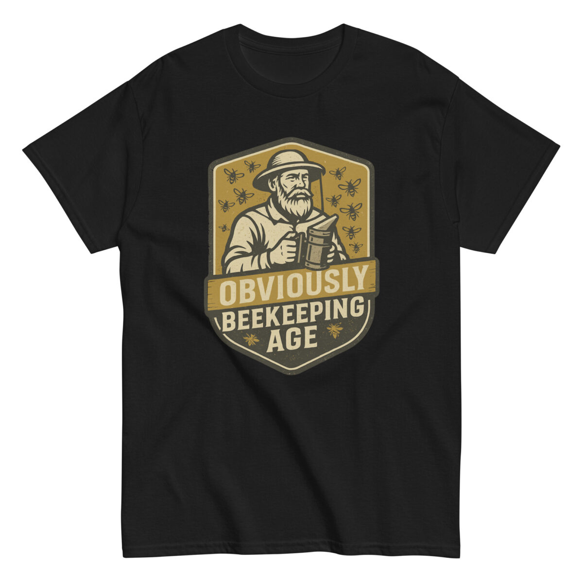 Black shirt with beekeeping design and text.