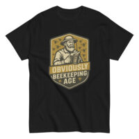 Black shirt with beekeeping design and text.