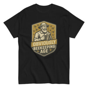 Black shirt with beekeeping design and text.