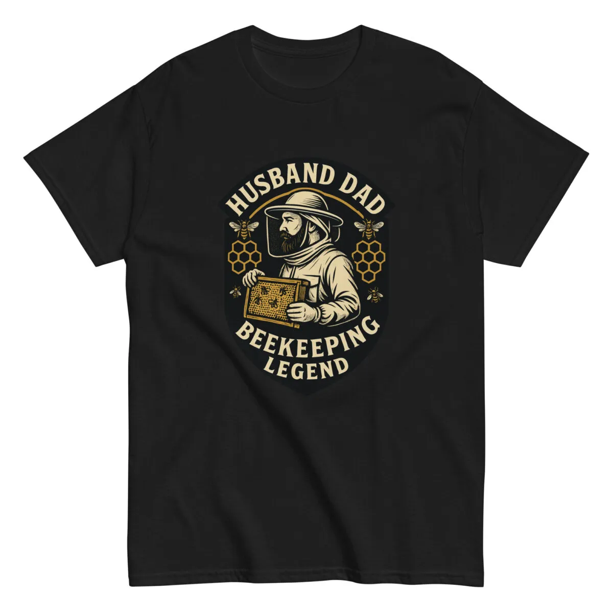 Black t-shirt with beekeeper graphic design.