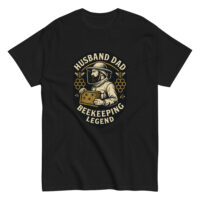 Black t-shirt with beekeeper graphic design.