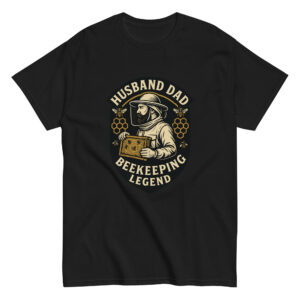 Black t-shirt with beekeeper graphic design.