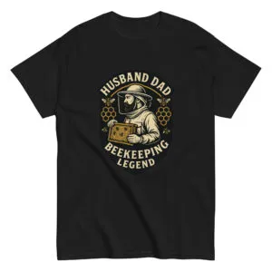 Black t-shirt with beekeeper graphic design.