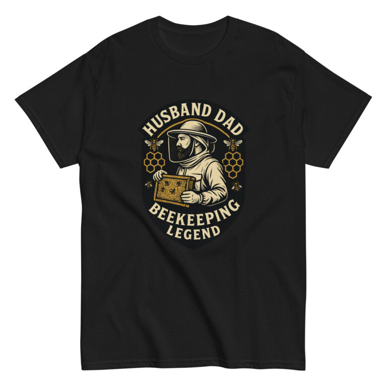 Black t-shirt with beekeeper graphic design.