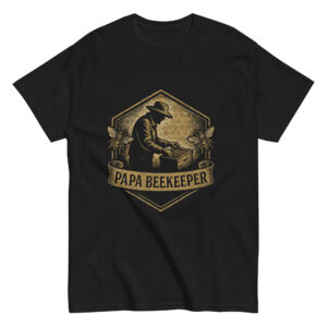 Papa beekeeper graphic on black t-shirt.