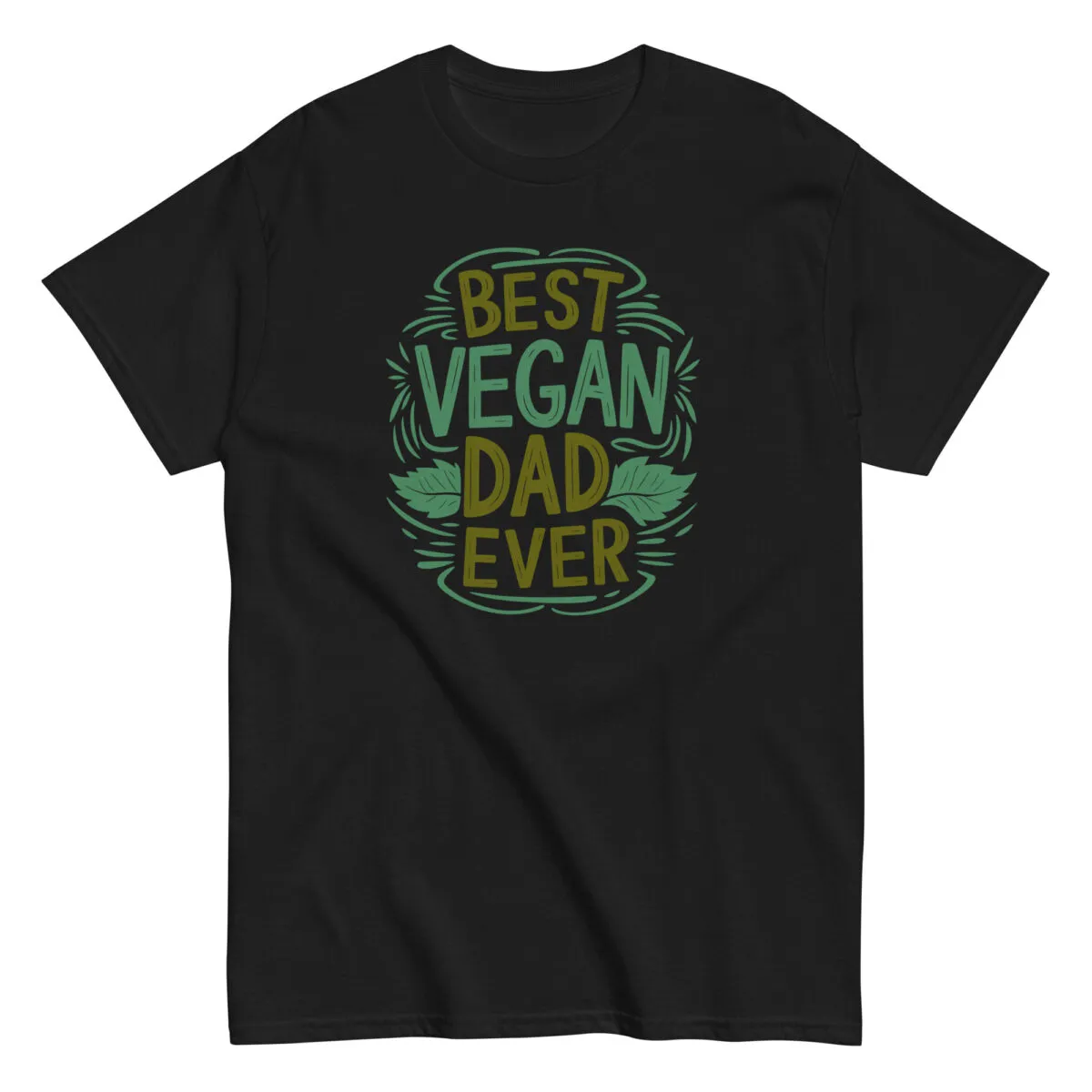 Black T-shirt with 'Best Vegan Dad Ever' design.