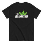 Black t-shirt with 'The Veganfather' text and leaves.