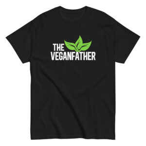 Black t-shirt with 'The Veganfather' text and leaves.