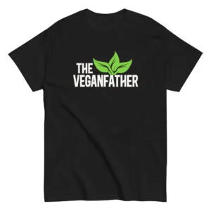 Black t-shirt with 'The Veganfather' text and leaves.