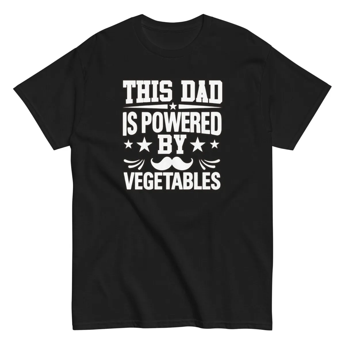 Black shirt with 'Dad powered by vegetables' text