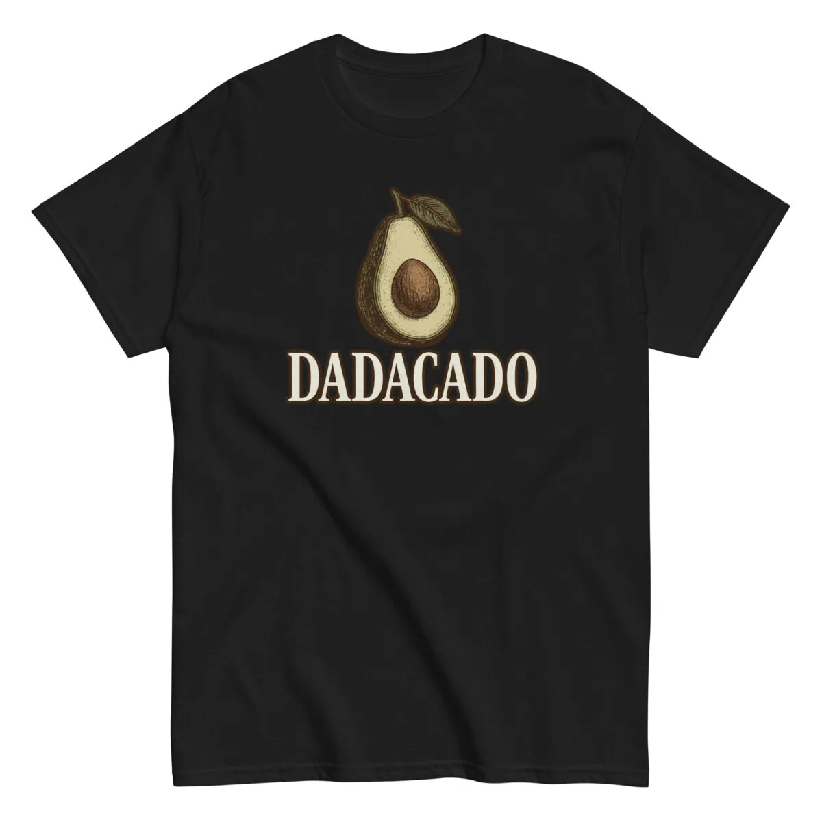Black T-shirt with avocado design and Dadacado text.
