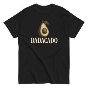 Black T-shirt with avocado design and Dadacado text.