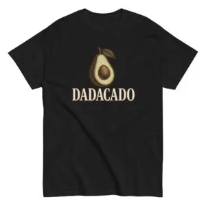 Black T-shirt with avocado design and Dadacado text.