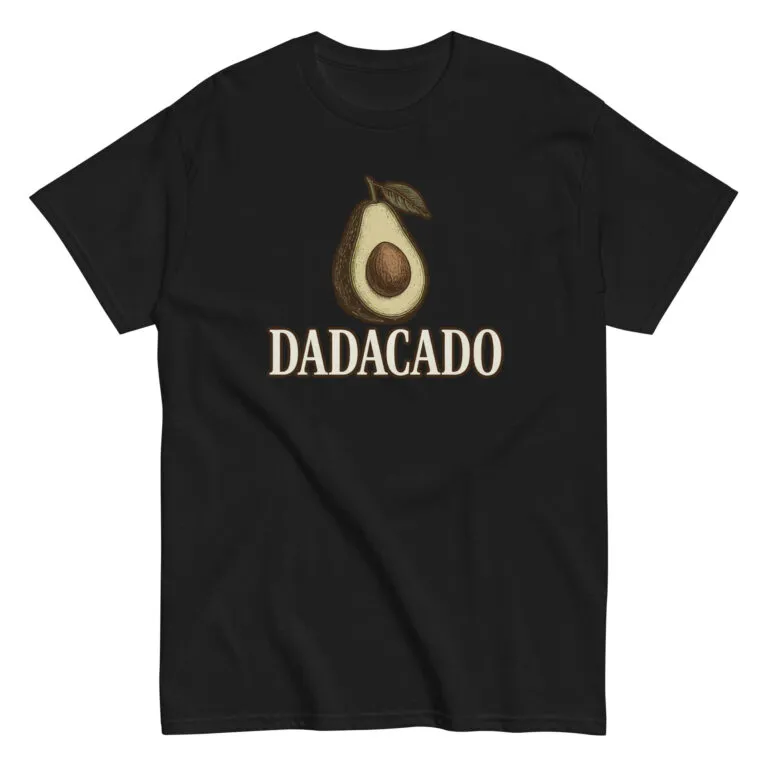 Black T-shirt with avocado design and Dadacado text.