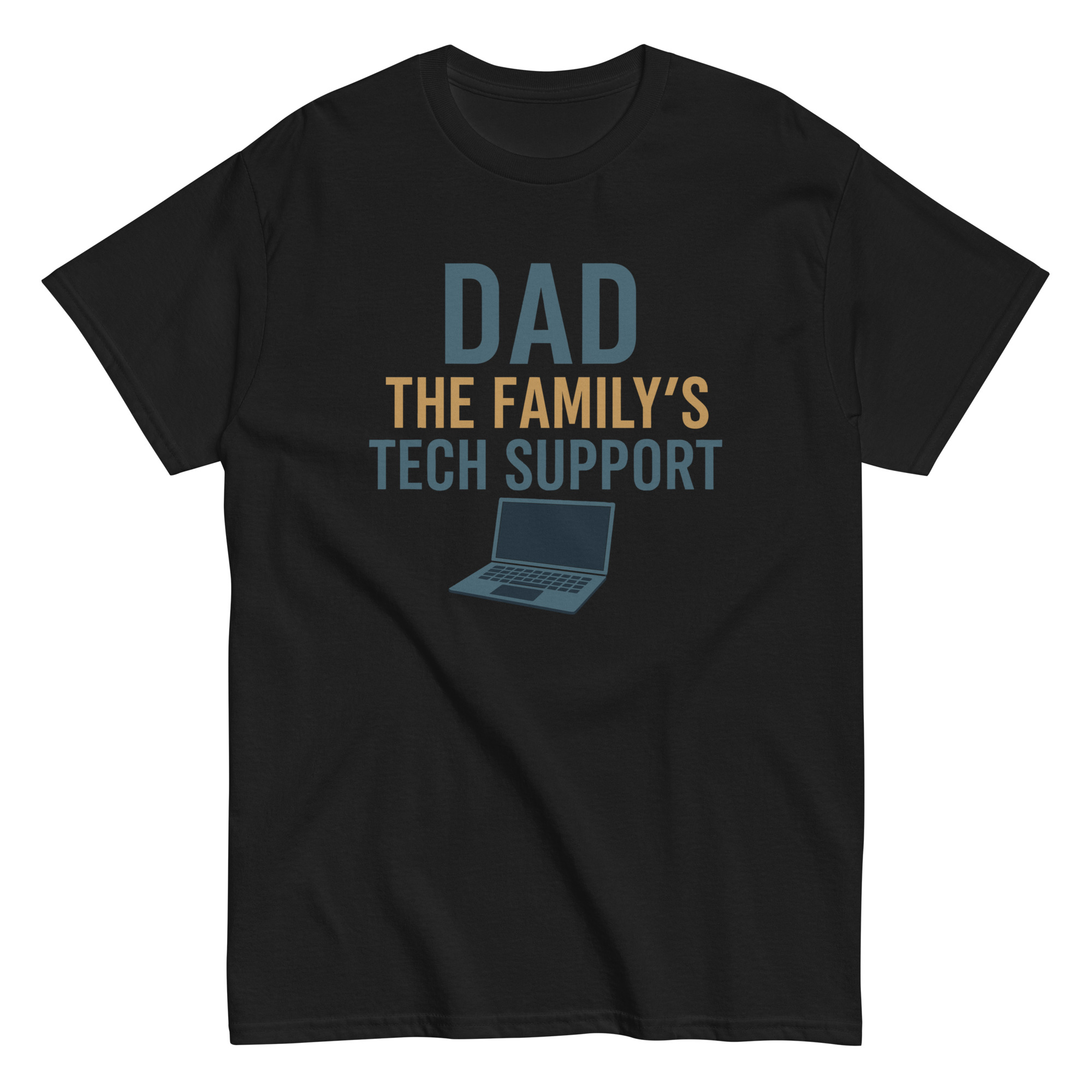 Black t-shirt with 'Dad: The Family's Tech Support' slogan.