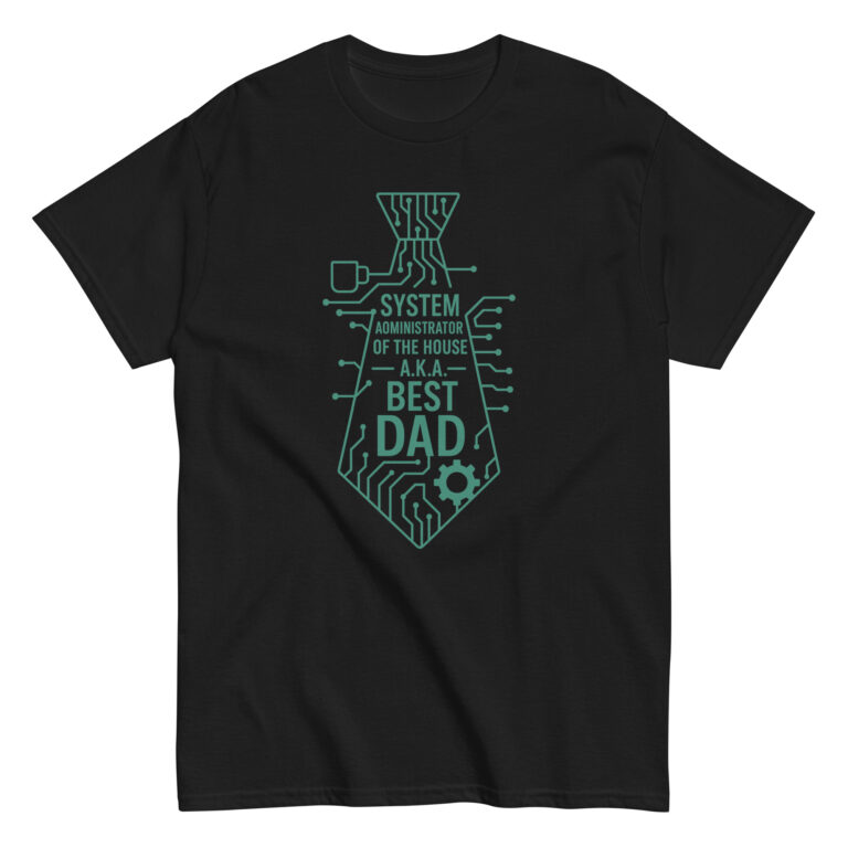 Black t-shirt with circuit-themed dad design.