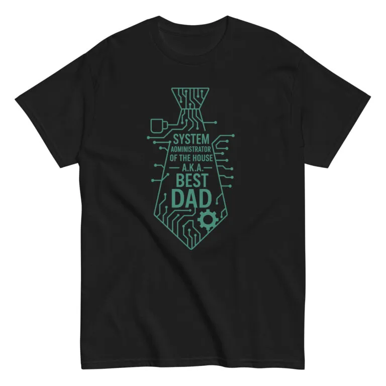 Black t-shirt with circuit-themed dad design.