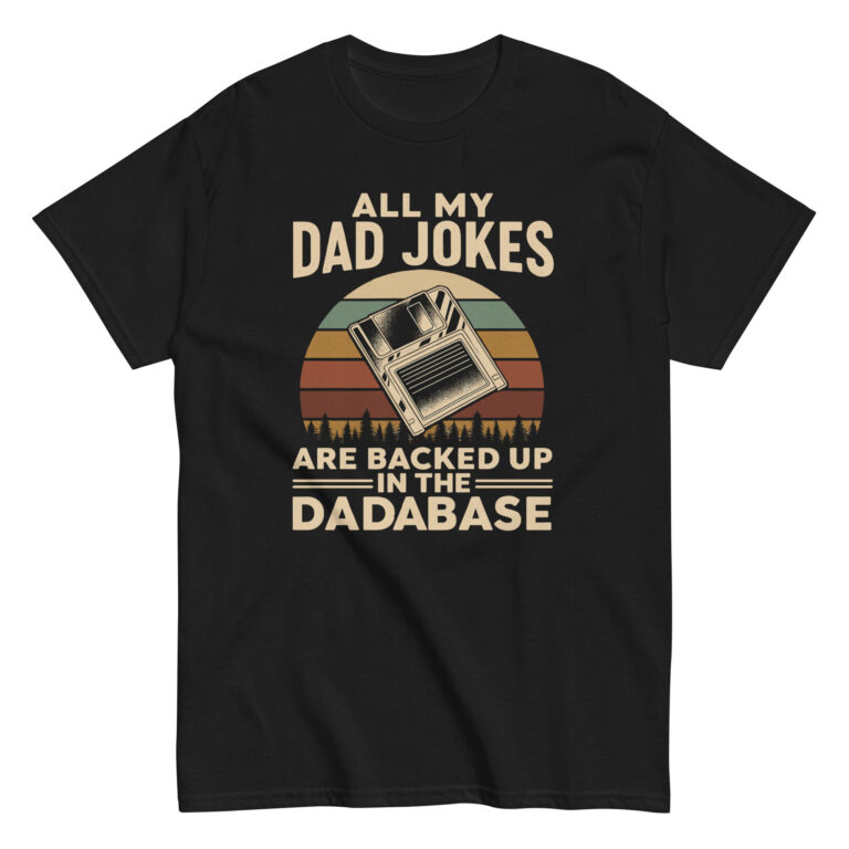 Black tee with dad joke database pun design.