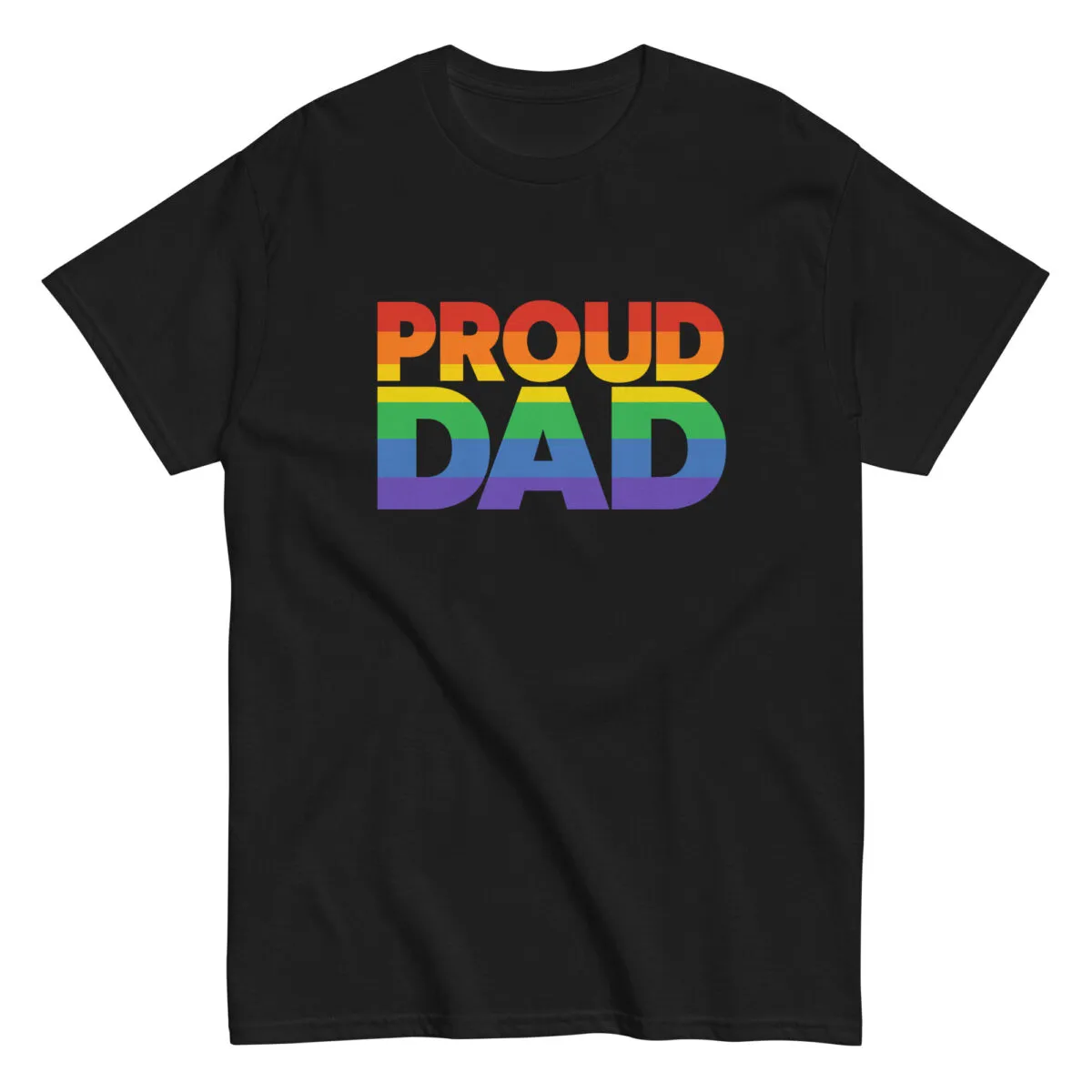Black T-shirt with 'Proud Dad' rainbow text.