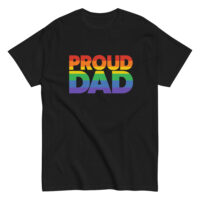 Black T-shirt with 'Proud Dad' rainbow text.