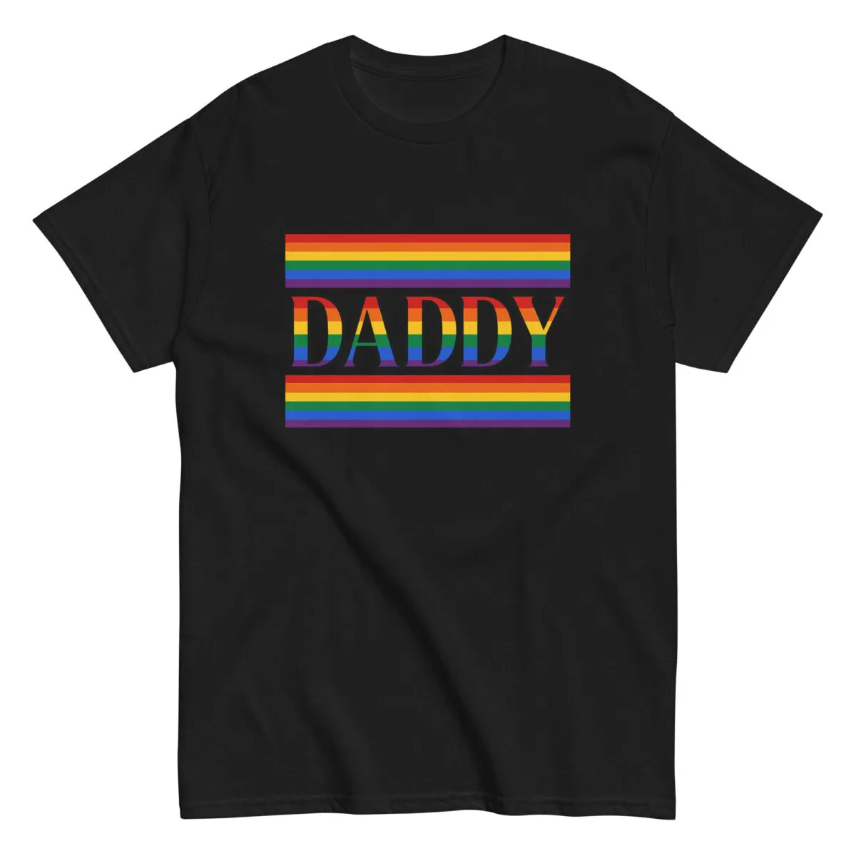 Black shirt with rainbow 'Daddy' text design.