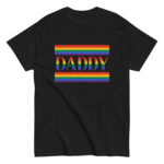 Black shirt with rainbow 'Daddy' text design.