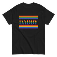 Black shirt with rainbow 'Daddy' text design.