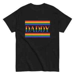 Black shirt with rainbow 'Daddy' text design.