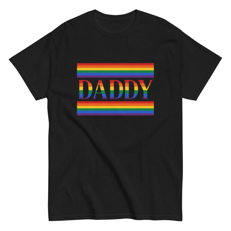 Black shirt with rainbow 'Daddy' text design.