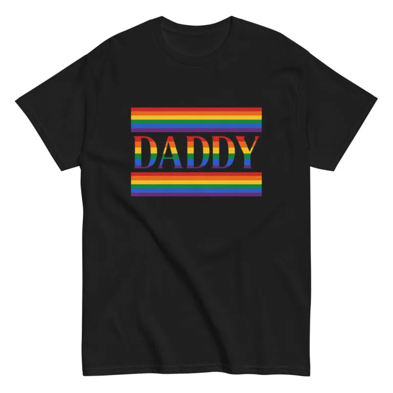 Black shirt with rainbow 'Daddy' text design.