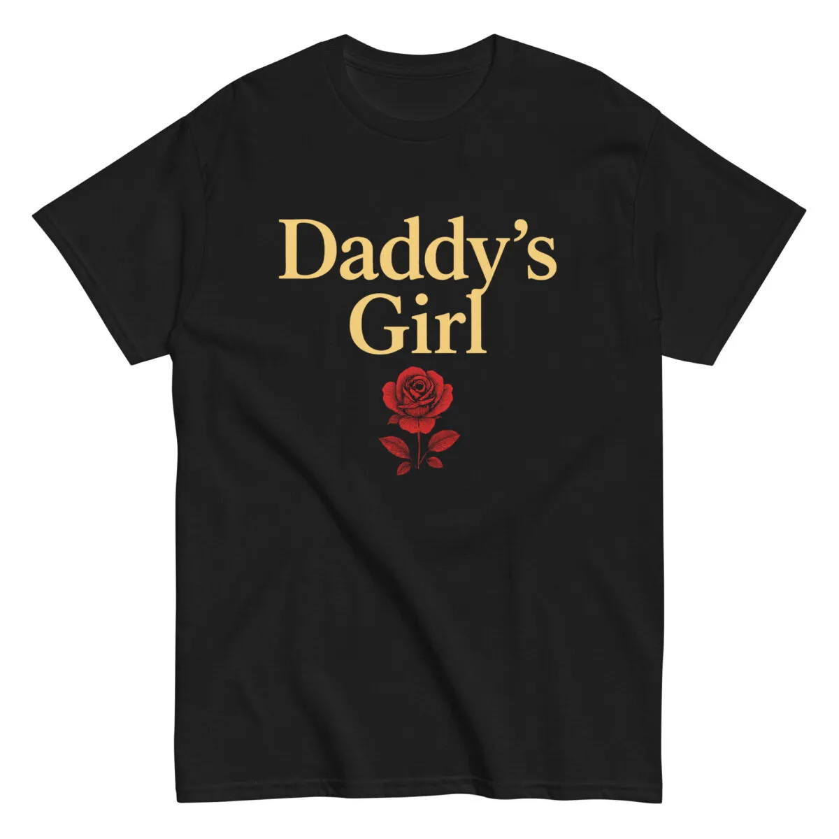 Black T-shirt with 'Daddy's Girl' and rose design.