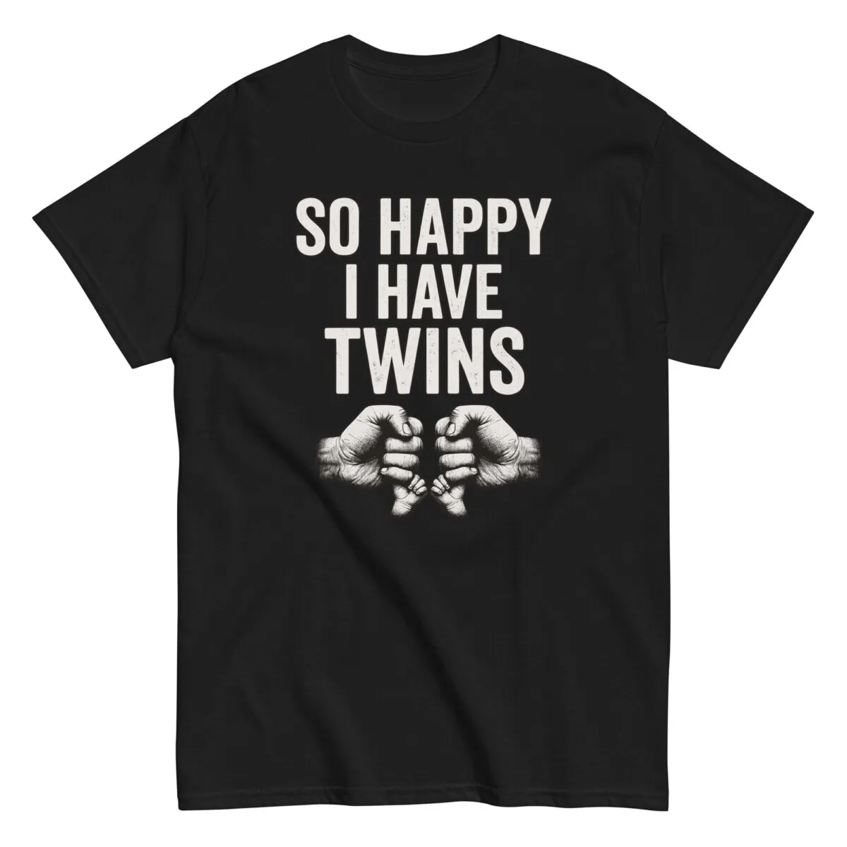 Black shirt with 'So Happy I Have Twins' slogan