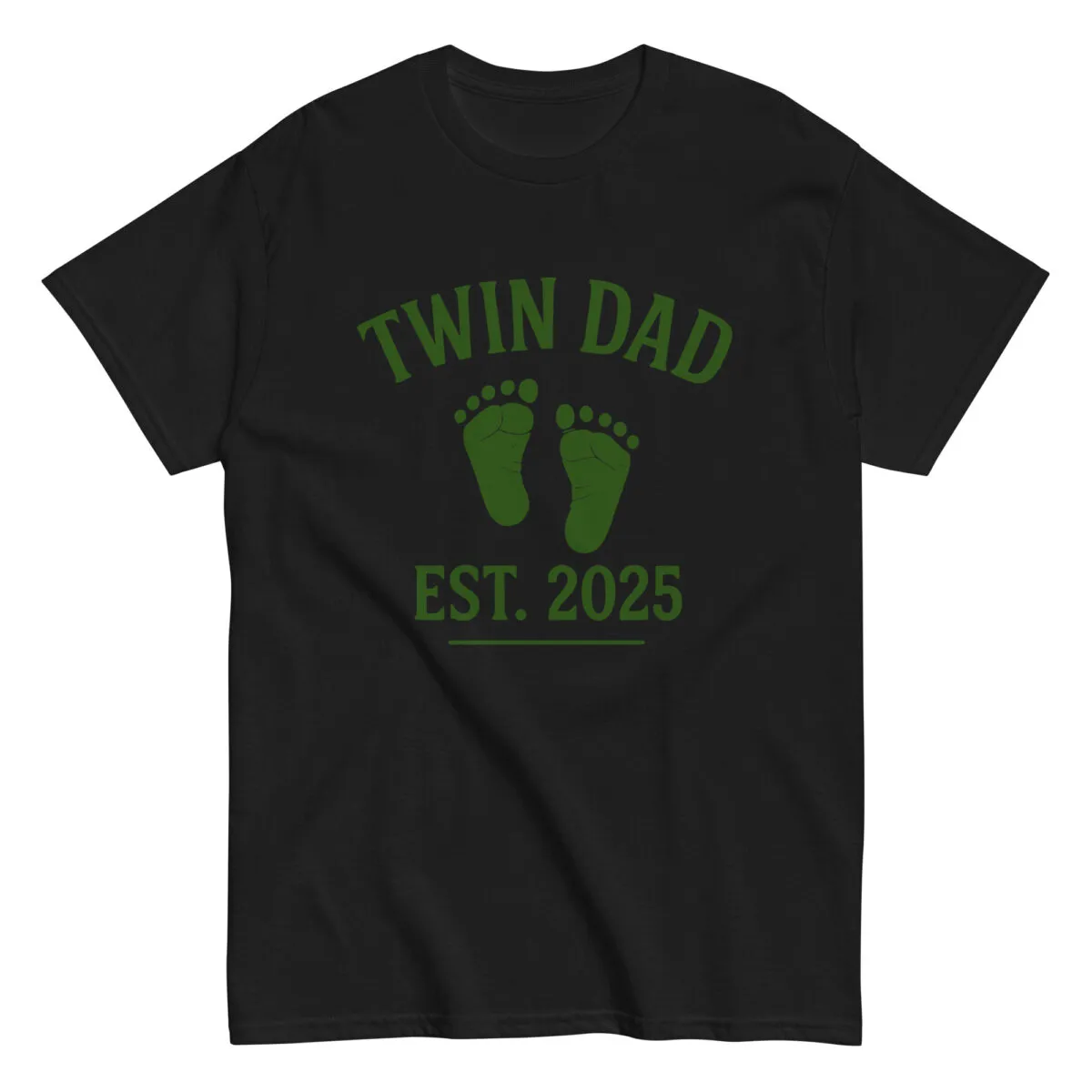 Black t-shirt with 'Twin Dad Est. 2025' design.