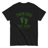 Black t-shirt with 'Twin Dad Est. 2025' design.