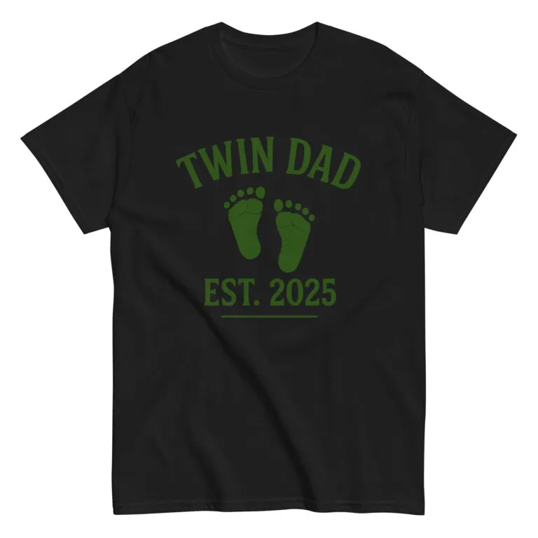 Black t-shirt with 'Twin Dad Est. 2025' design.
