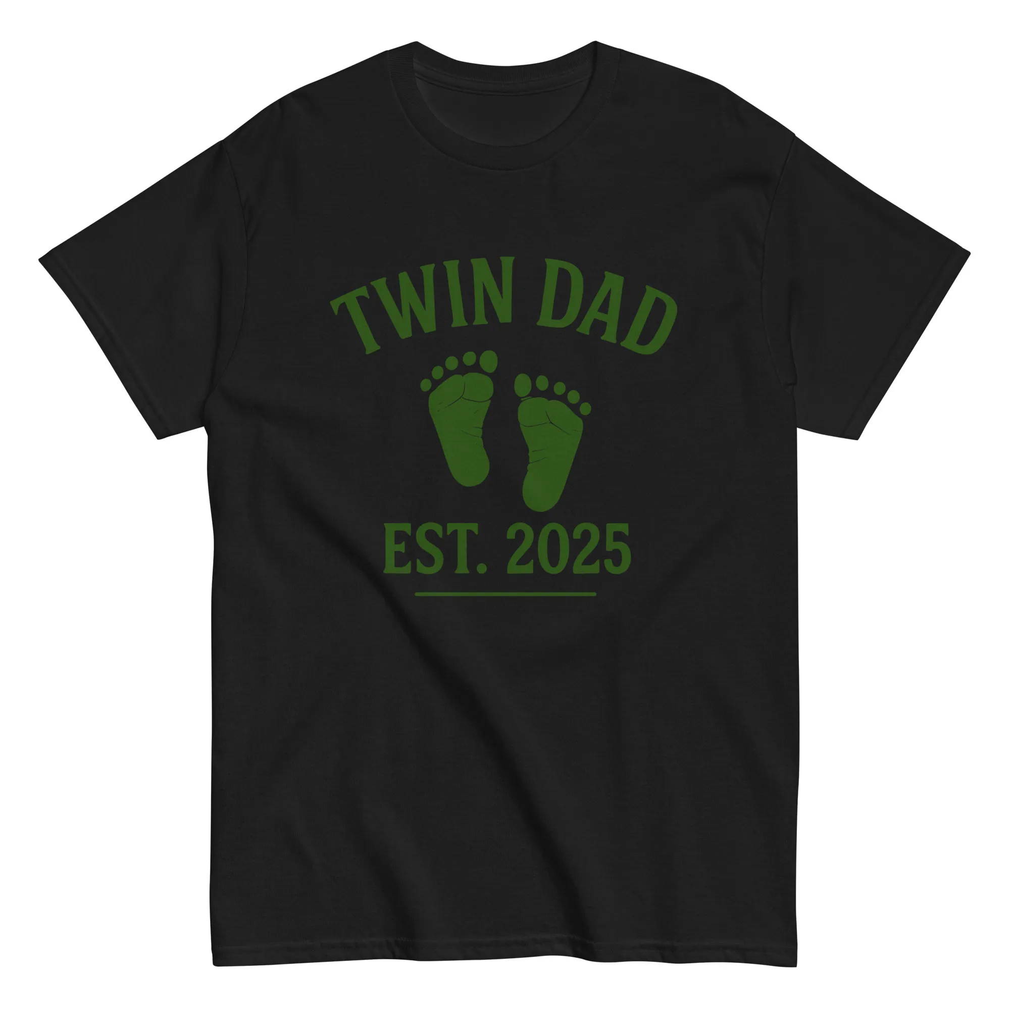 unisex-classic-tee-black-front-68ccf66d50b07.jpg Black t-shirt with 'Twin Dad Est. 2025' design.