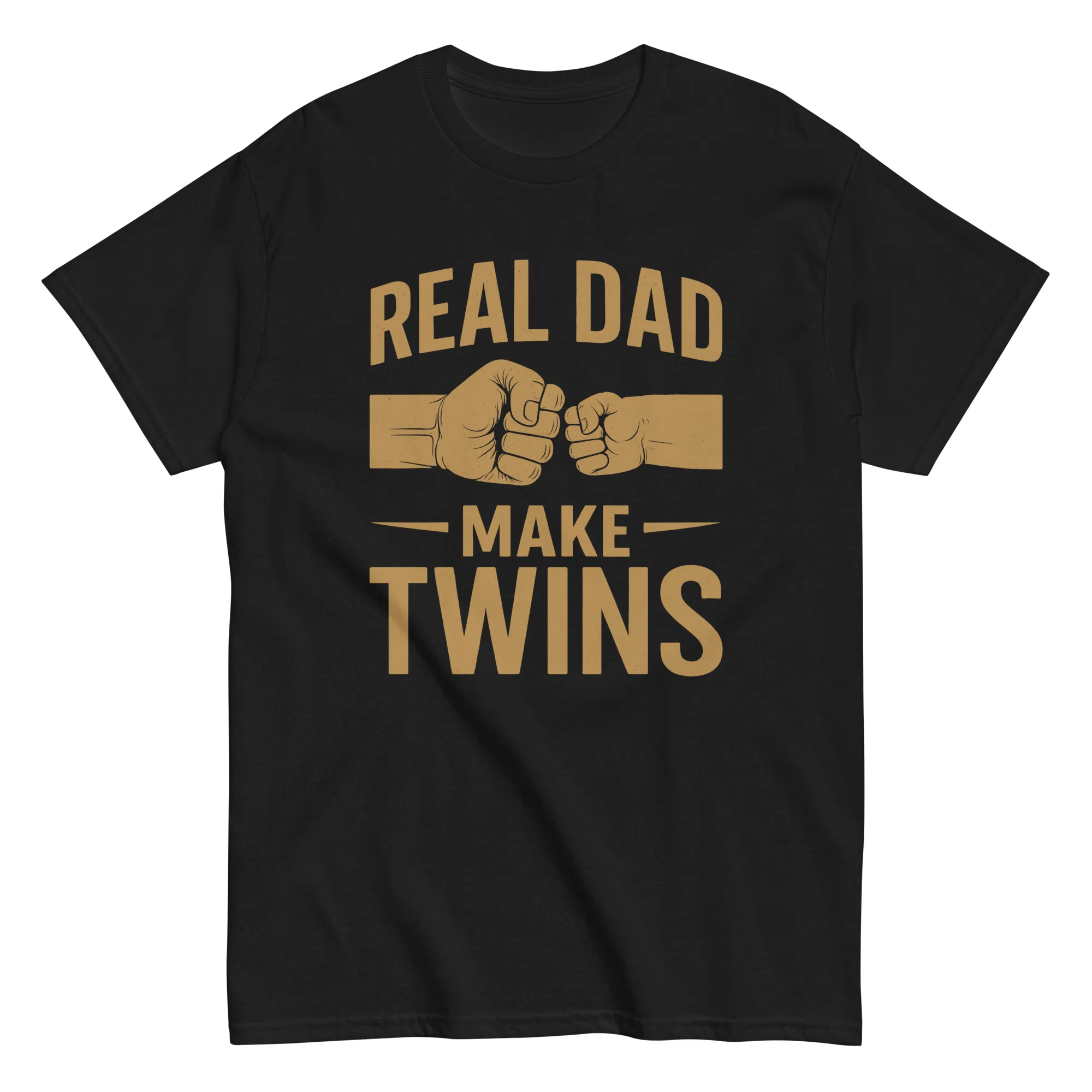 unisex-classic-tee-black-front-68ccf7bd2f289.jpg Black T-shirt with 'Real Dad Make Twins' slogan